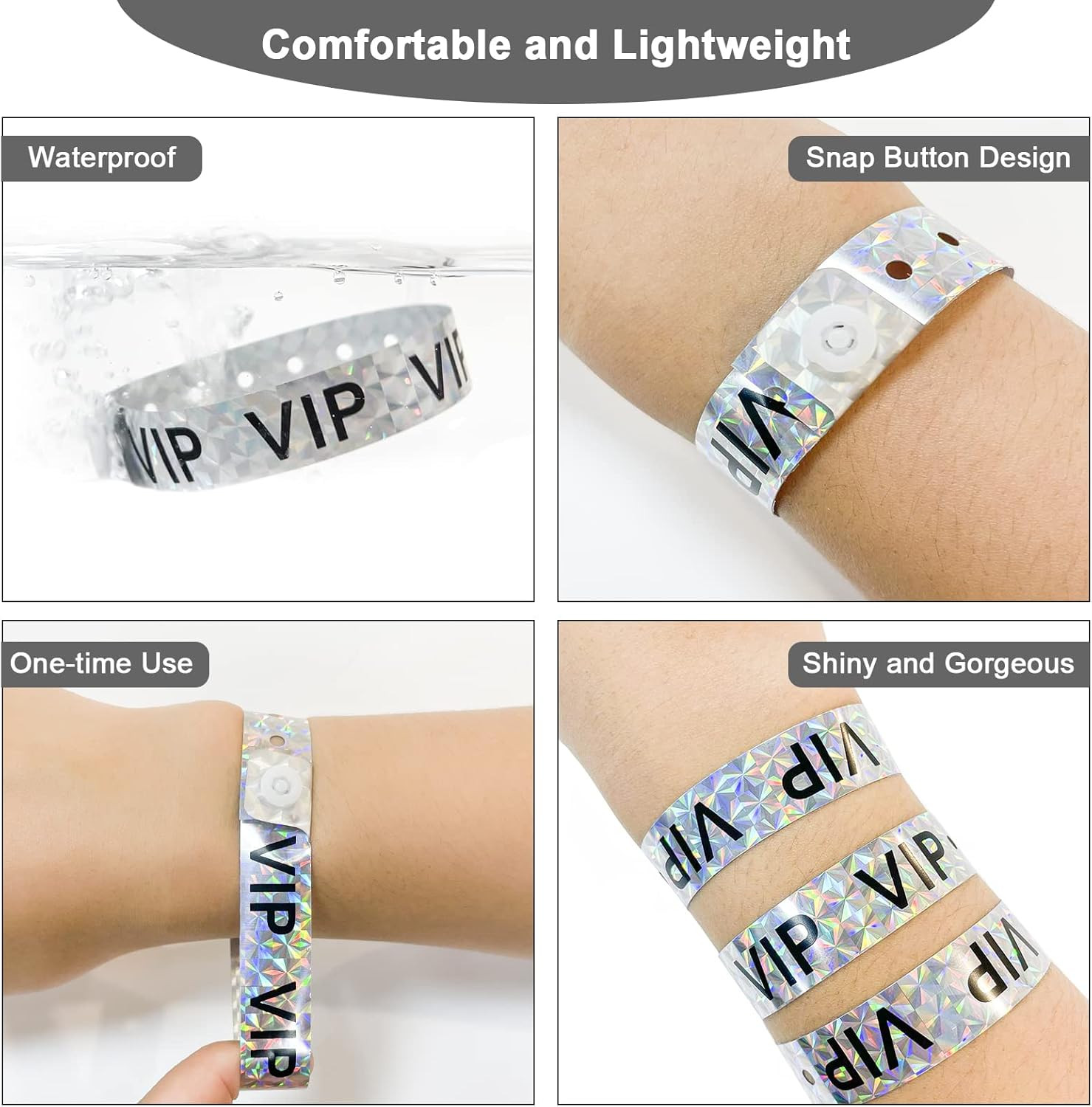 100 Pack Holographic VIP Wristbands Silver Waterproof Vinyl Event Bands