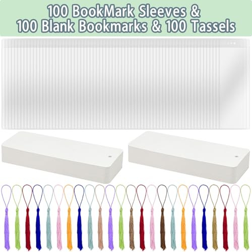 100 PCS Blank Bookmarks, 100 PCS Clear Bookmark Sleeves and 100 Colorful