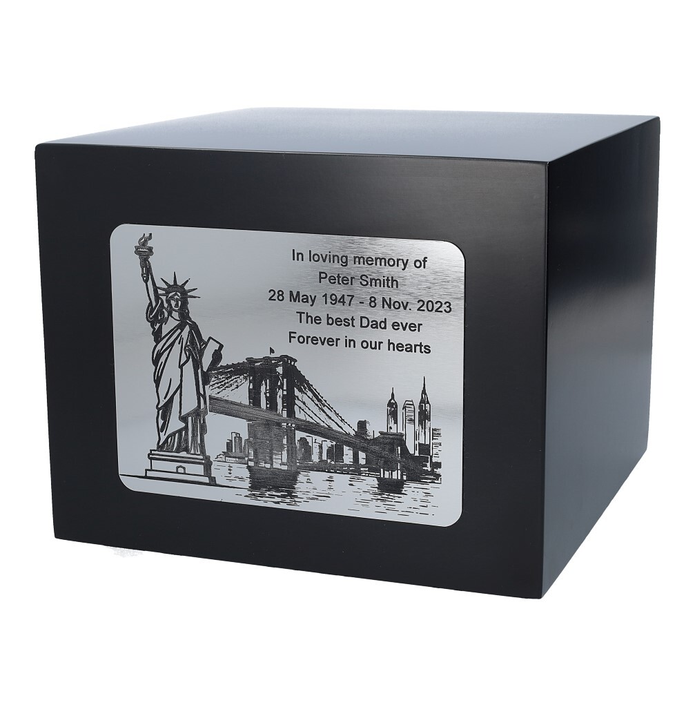New York cremation urn with Statue of Liberty personalized urn for ashes black