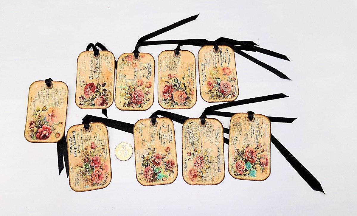 French-Roses-Flowers-Journaling-Linen Cardstock-Hang Tags-Set Of 9