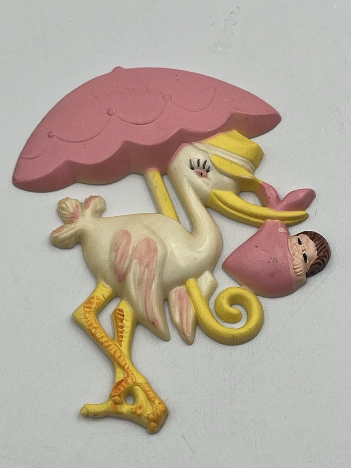 Plastic Pink Stork Umbrella & baby shower favor floral cupcake pic COLLECTIBLE