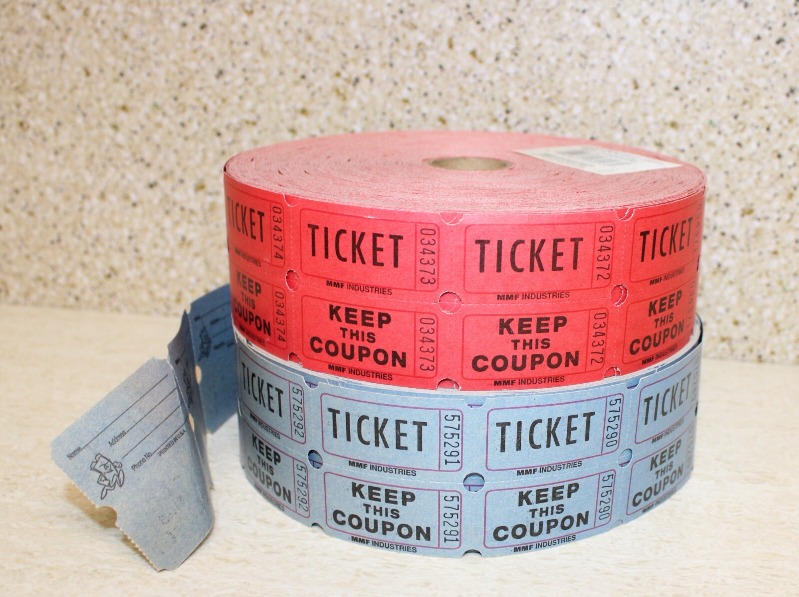 2 Large Rolls of MMF Industries® Double Stub Raffle Tickets: Blue, Red