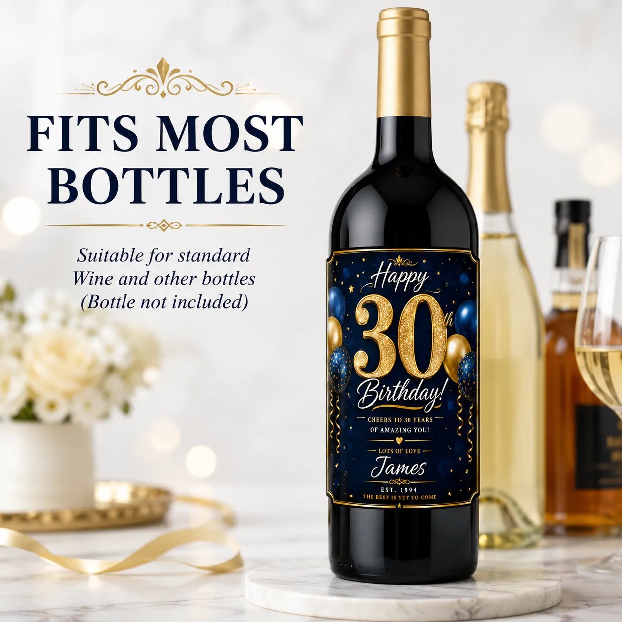 Personalised 30th Birthday Bottle Label Sticker Custom Wine Gift Blue Gold
