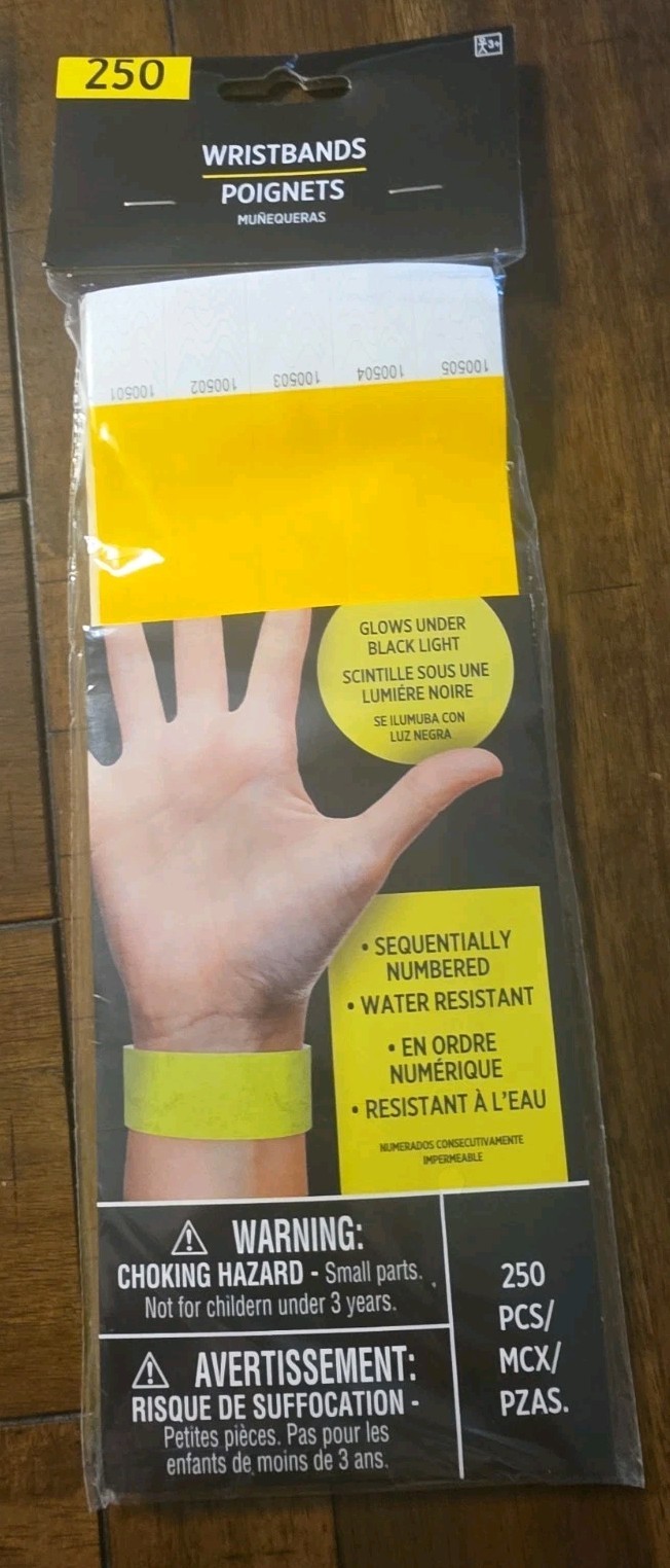 BRAND NEW AMSCAN WRISTBANDS YELLOW, 250 COUNT, GLOWS UNDER BLACK LIGHT