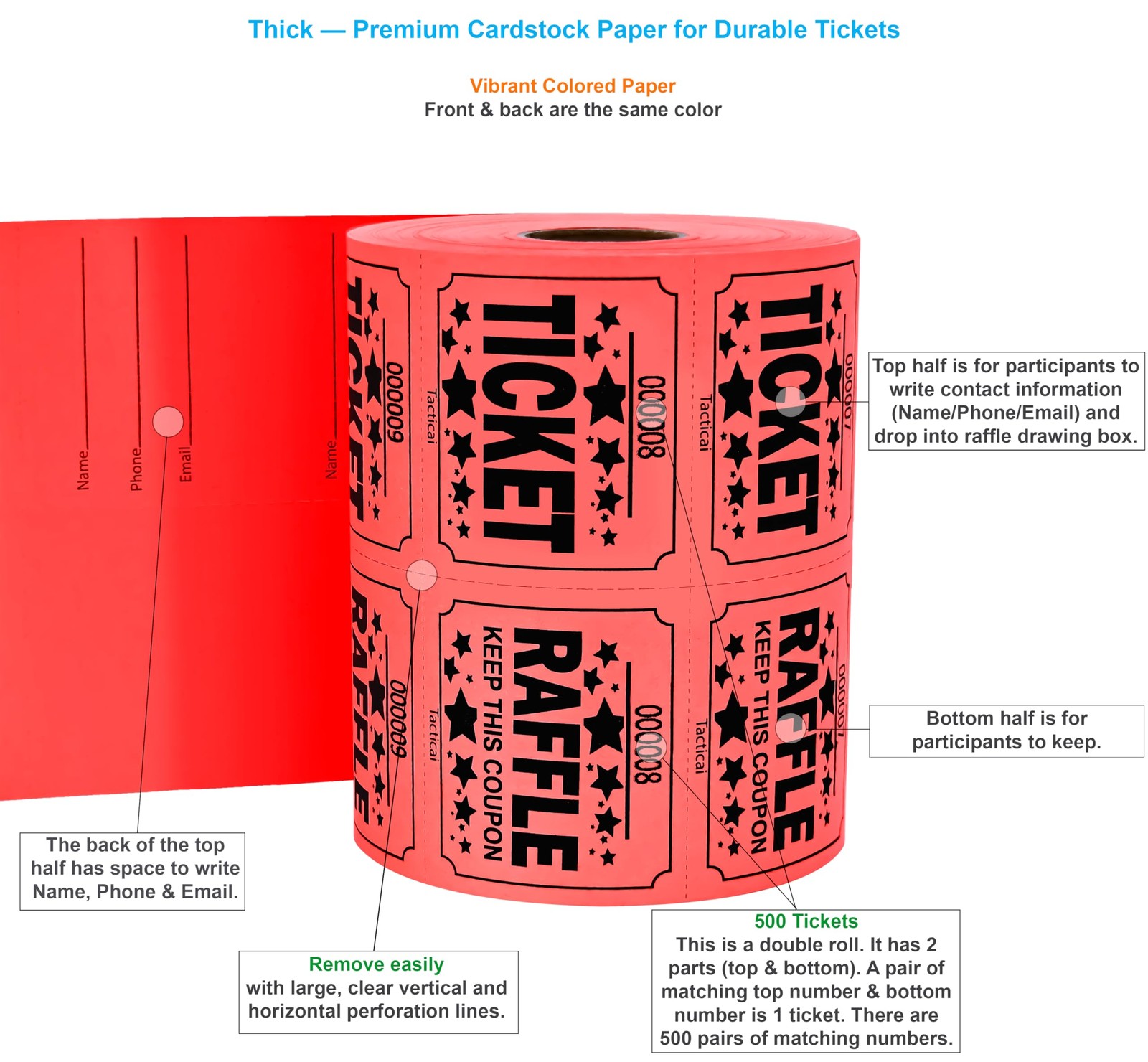 500 Count Red Double Roll Numbered Blank Large Raffle Tickets For Events