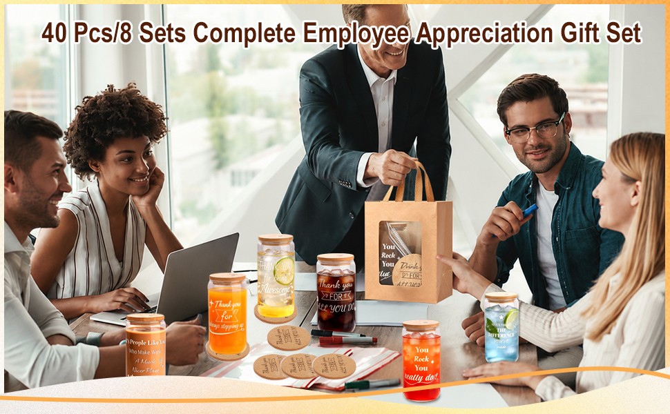 40 Pcs/8 Sets Employee Appreciation Gifts Glass Cups with Coasters, Straws,