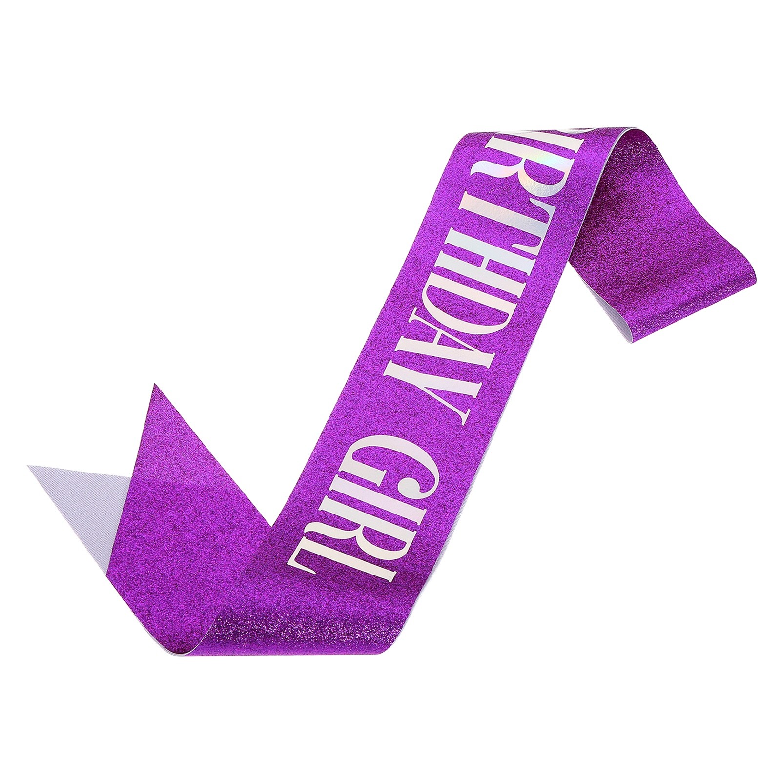 Birthday Girls Sash with Pin Iridescent Sparkle Lettering for Party, Purple