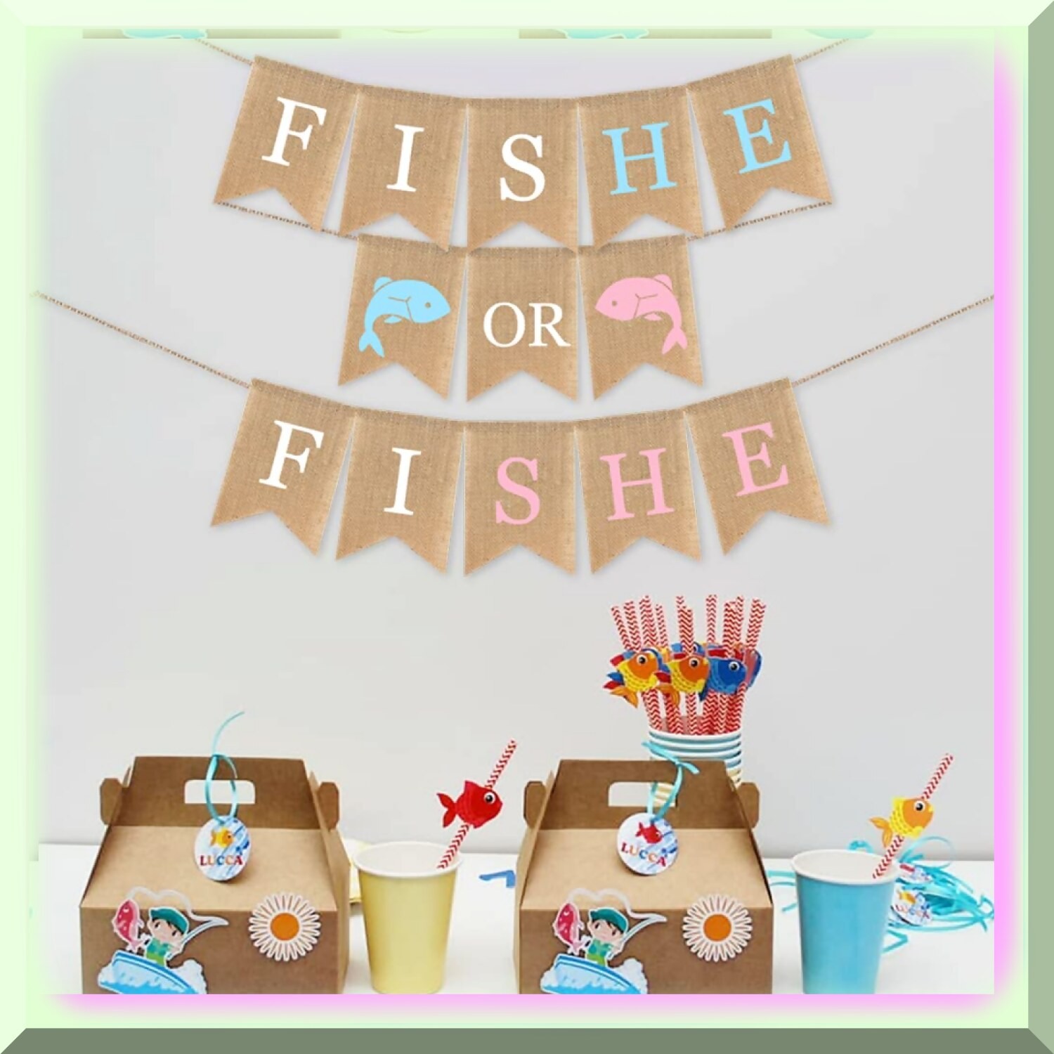 Fishy Fun Gender Reveal Burlap Flag Set