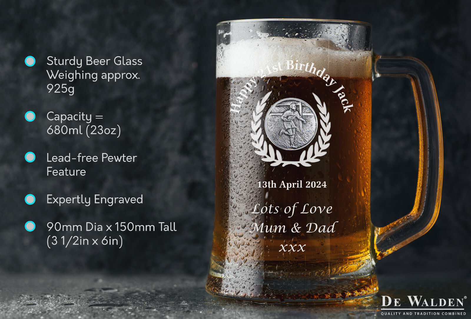 Rugby Player Birthday Gift Engraved Tankard 18th 21st Lager Ale Glass Beer Mug