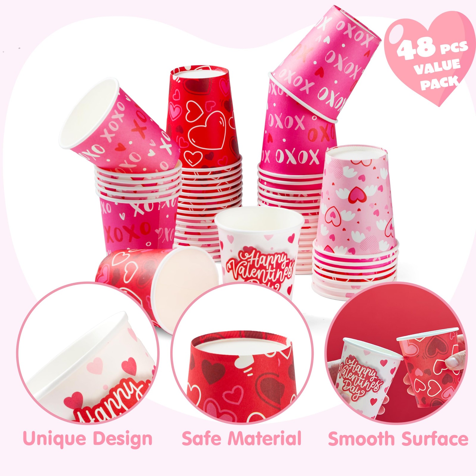48 Pcs Valentine’s Day Disposable Cups, Paper Cocoa Cups with Pink Red Heart D