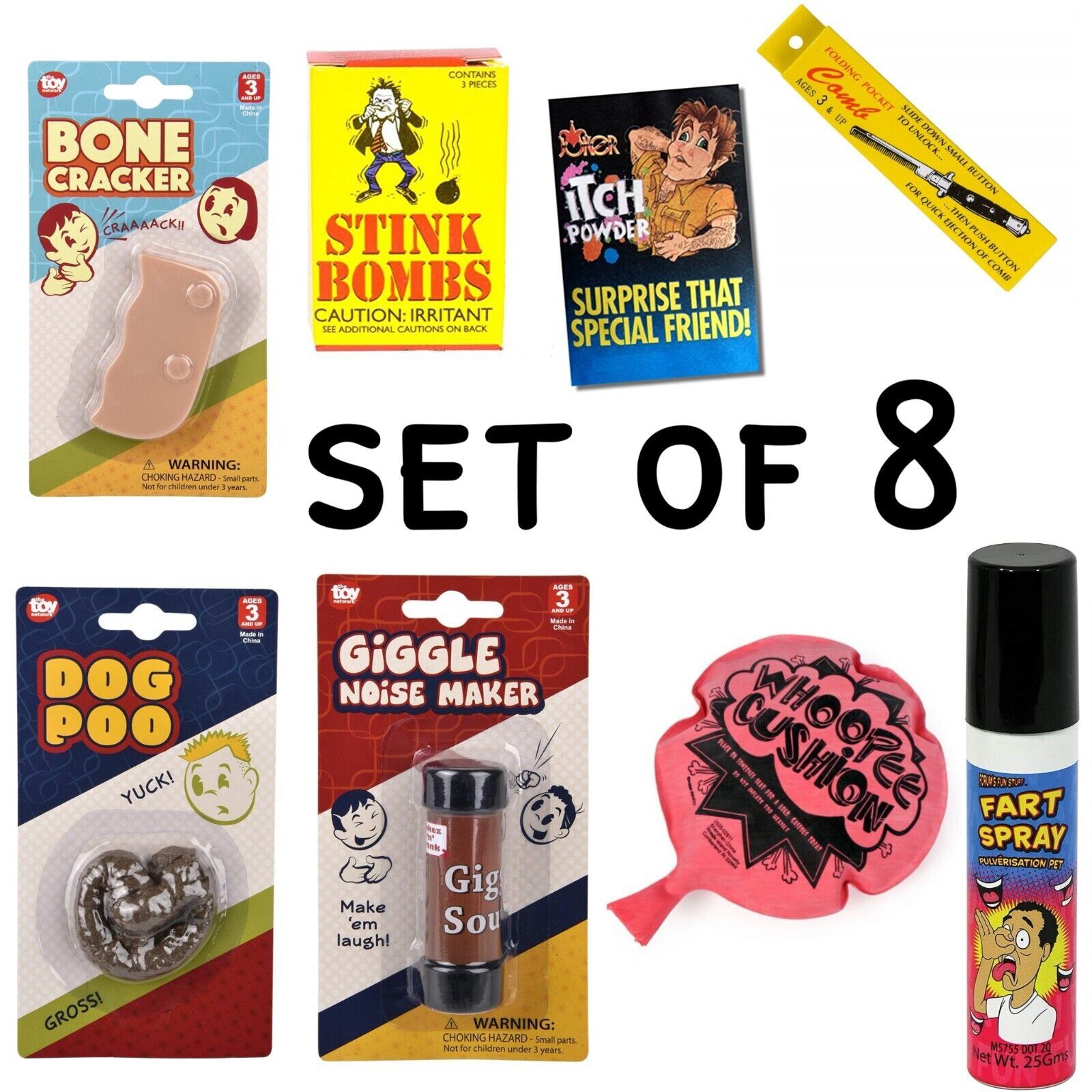 8 Pranks & GaGs – Fart Spray-Itch-Poop-Stink Bombs-Itch Powder-Etc ~ Combo Set