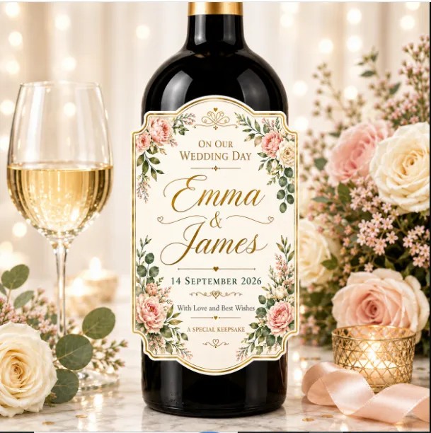 Personalised Wedding Bottle Label Sticker Custom Wine Champagne Gift