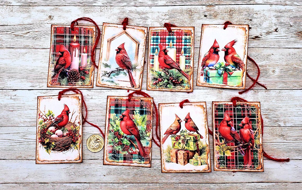 8-Christmas-Tartan-Cardinal-Birds-Holiday-Linen Cardstock-Gift-Hang-Tags