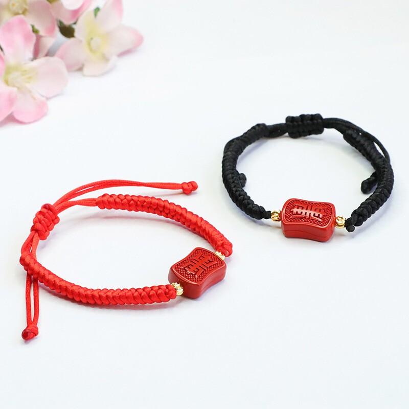 Handmade Cinnabar Red&Black String Bracelet with Charm Adjustable Lucky FengShui