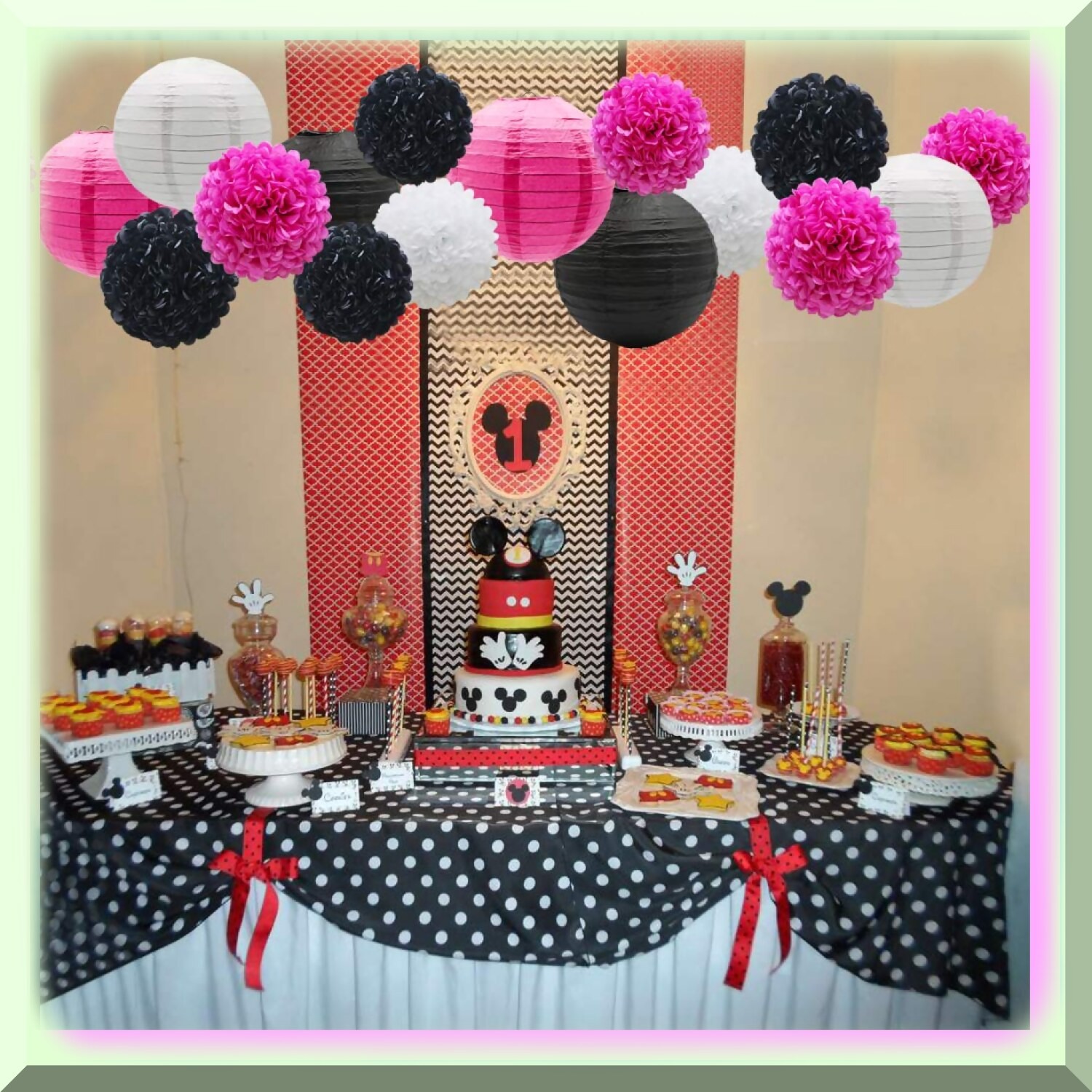 Pink White Black Paper Flower and Pom-Pom Party Pack