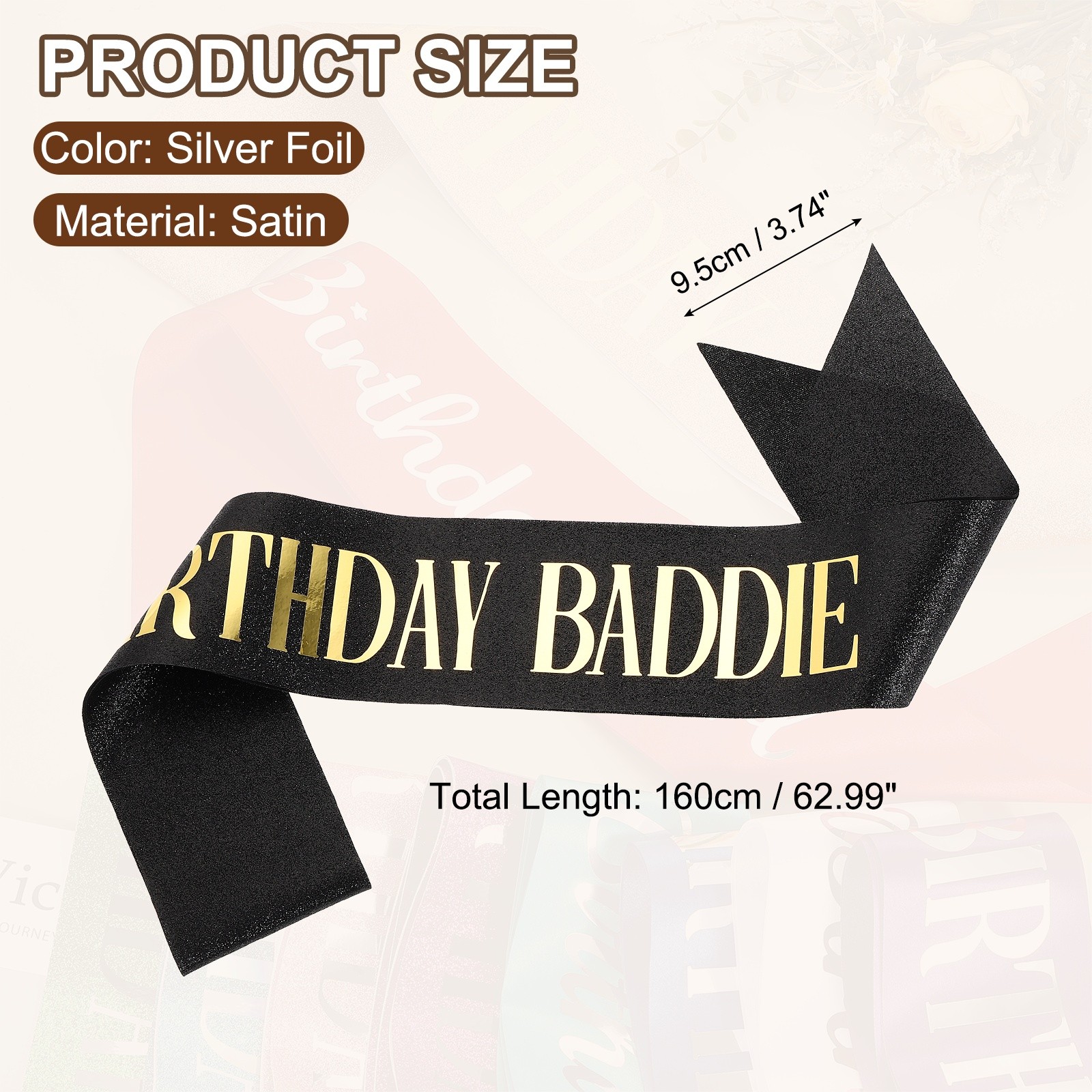 Birthday Baddie Sash with Pin Gold Foil Lettering for Birthday Party, Black