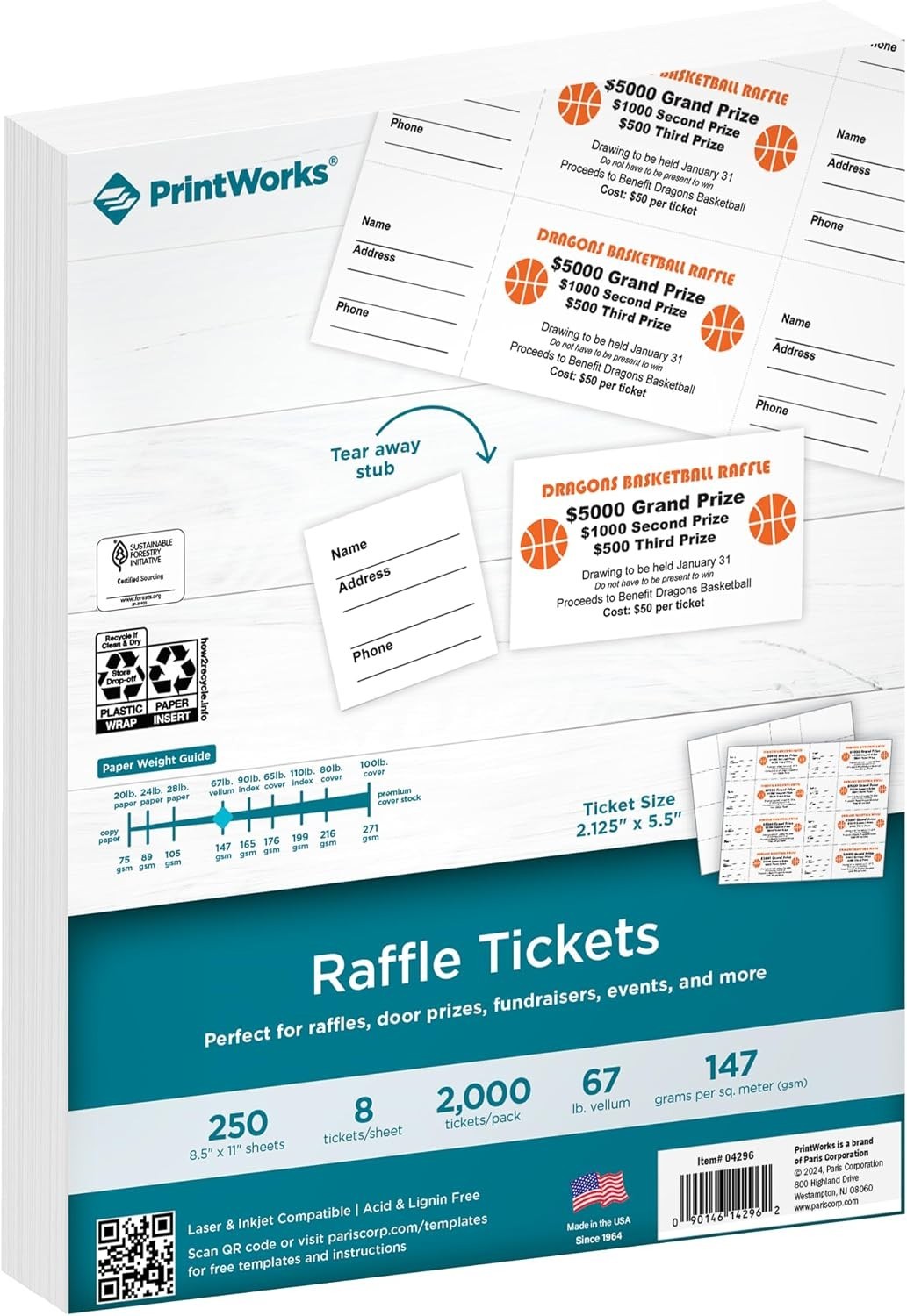 Environmentally Friendly Printable Raffle Tickets – 2000 Blank Stubs, USA Made