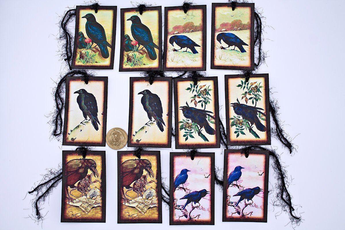 12~Halloween~Vintage Style~Black Ravens~Crows~Linen Cardstock~Gift~Hang~Tags