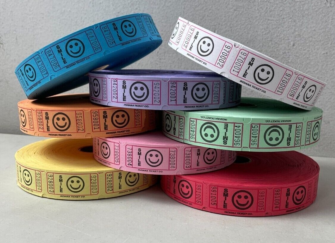 Roll of 1000 Smiley Face Tickets Smile 8 Colors Raffle Fun Fair Carnival New