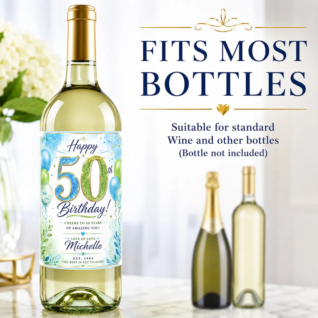 Personalised 50th Birthday Bottle Label Sticker Custom Wine Gift Blue Green