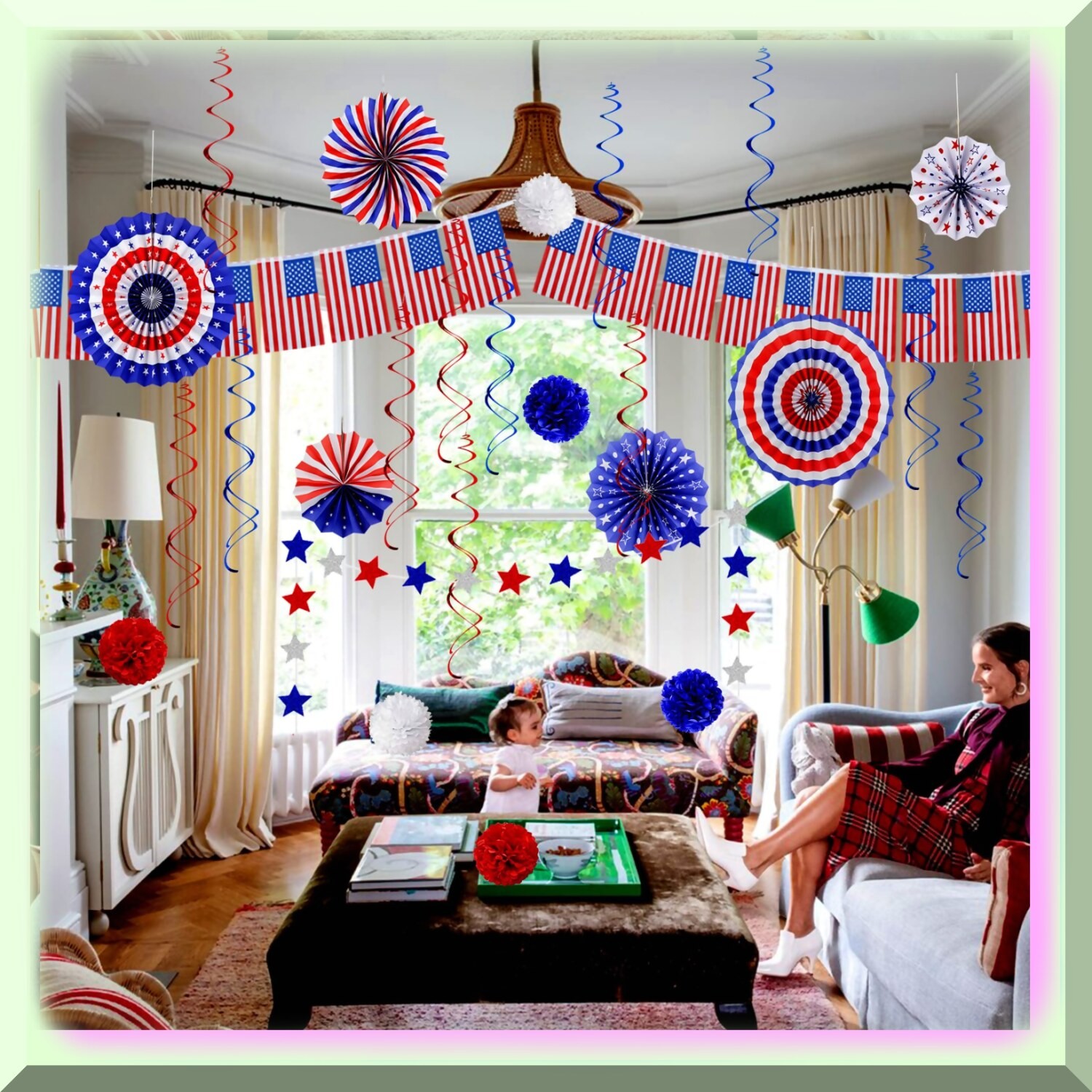 Patriotic Party Decorations Set with Flag Banner and Fans