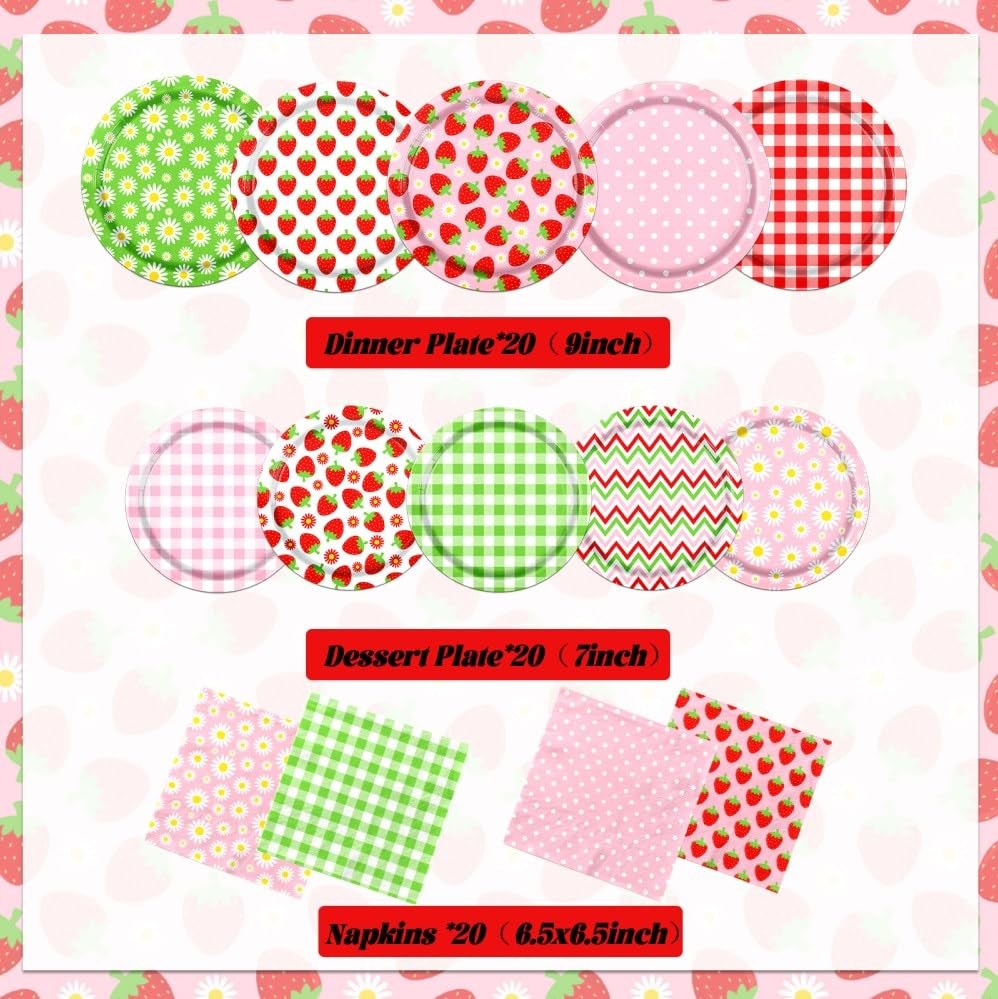60Pcs Strawberry Birthday Party Plates Napkins,Strawberry Supplies Pink