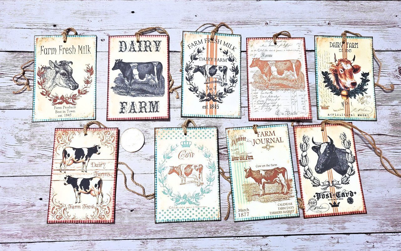 9~Vintage~Ephemera~Farmhouse Cows~Junk Journal~Linen Cardstock~Gift~Hang~Tags