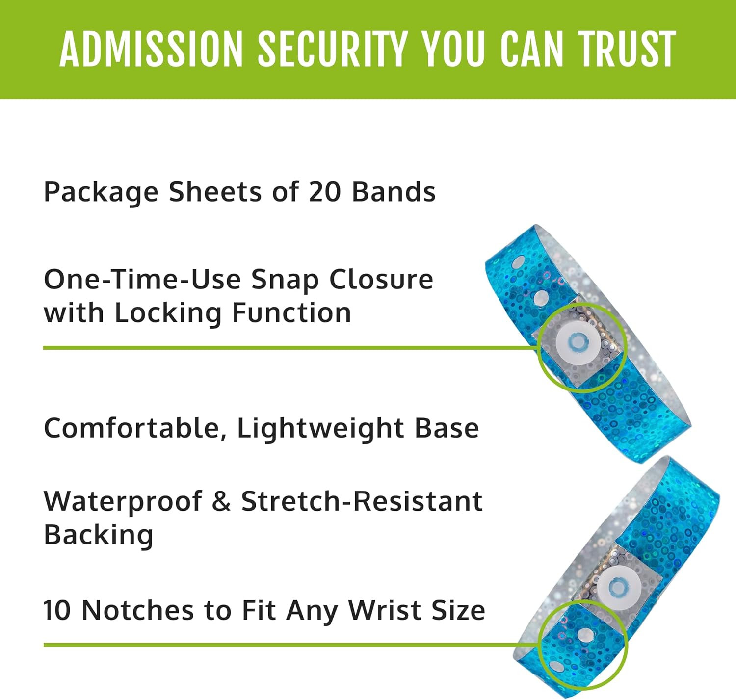 100 Wristco Blue Holographic Plastic Wristbands for Events – Extended Wear, Glow