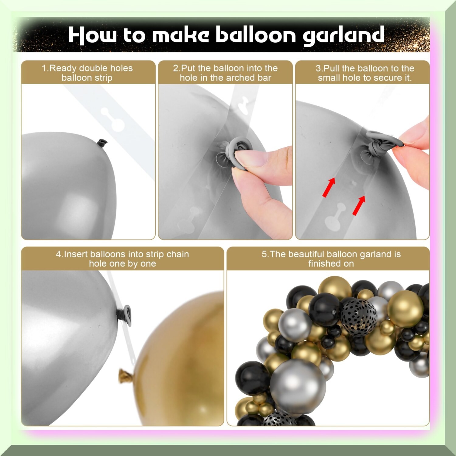 Black and Gold Balloon Garland Arch Kit with 148 Pieces