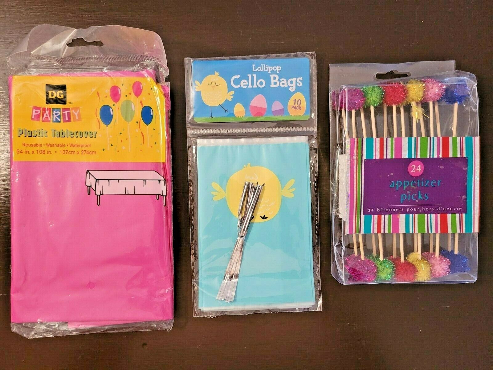 Set of 24 Appetizer Picks; 10 Pk. Lollipop Cello Bags & Party Tablecover (NEW)