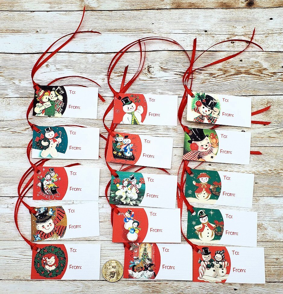 15-Christmas-Retro-Winter-Snowman-To/From-Holiday-Linen Cardstock-Gift-Hang-Tags