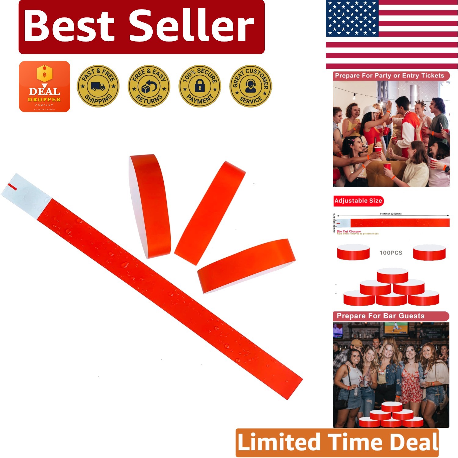 100 Count Lightweight Red Event Wristbands – Durable & Tamper-Resistant