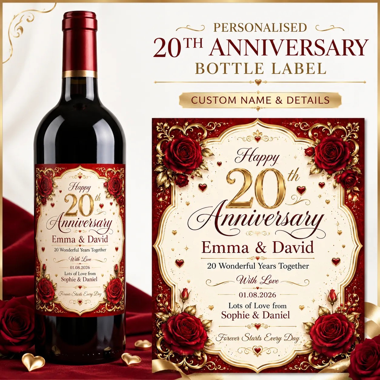 Personalised 20th Anniversary Bottle Label Sticker Wine Gift Red Rose