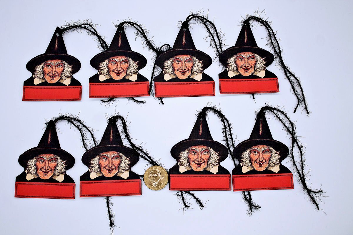 8-Halloween-Vintage-Witch-Fussy Cut-Personalized-Linen Cardstock-Hang-Tags