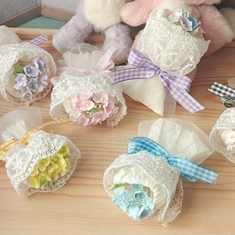 1 Set 6 Colors Artificial Flower Mini Lace Hand Tied Bouquet Cute Doll Decor DIY