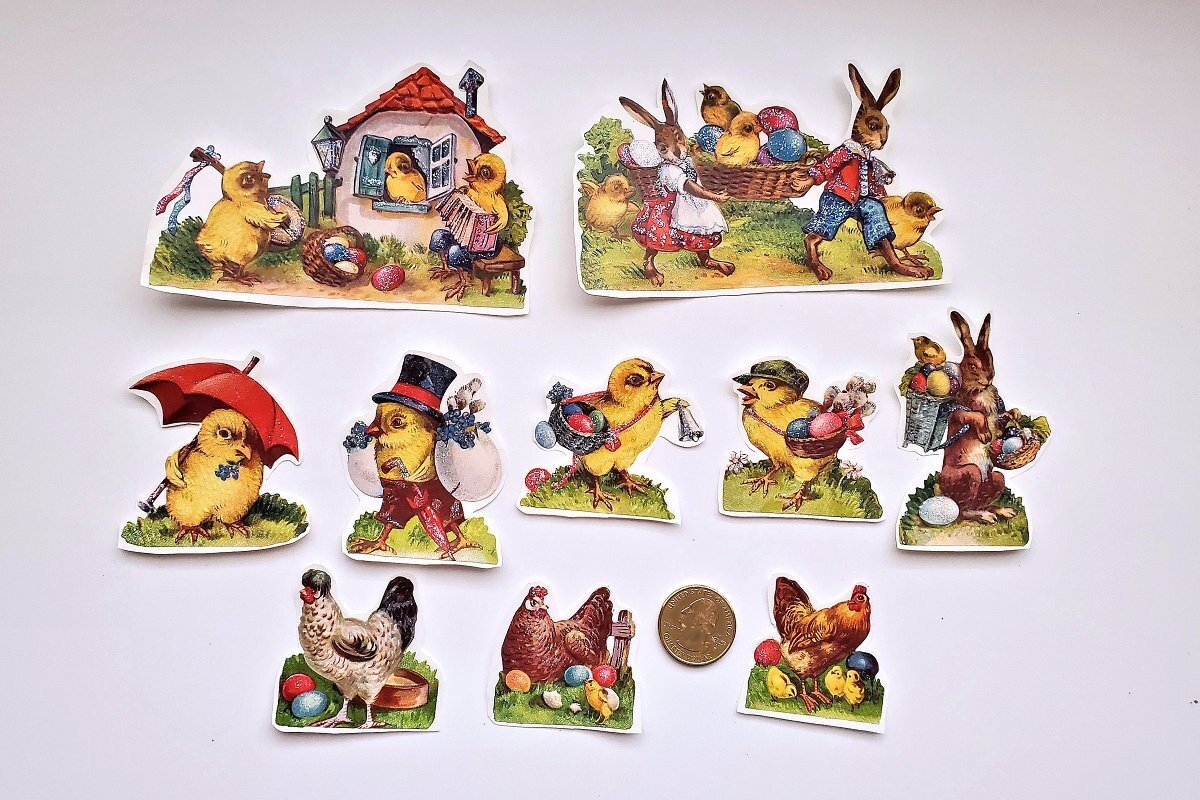10-Easter-Victorian-Fussy Cut-Embossed-Scrap Reliefs-Bunnies-Glittered-Stickers
