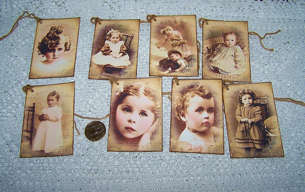 8-Vintage~Children~Girls~Ephemera~Fussy Cut~Linen Cardstock~Gift~Hang~Tags~Ornie