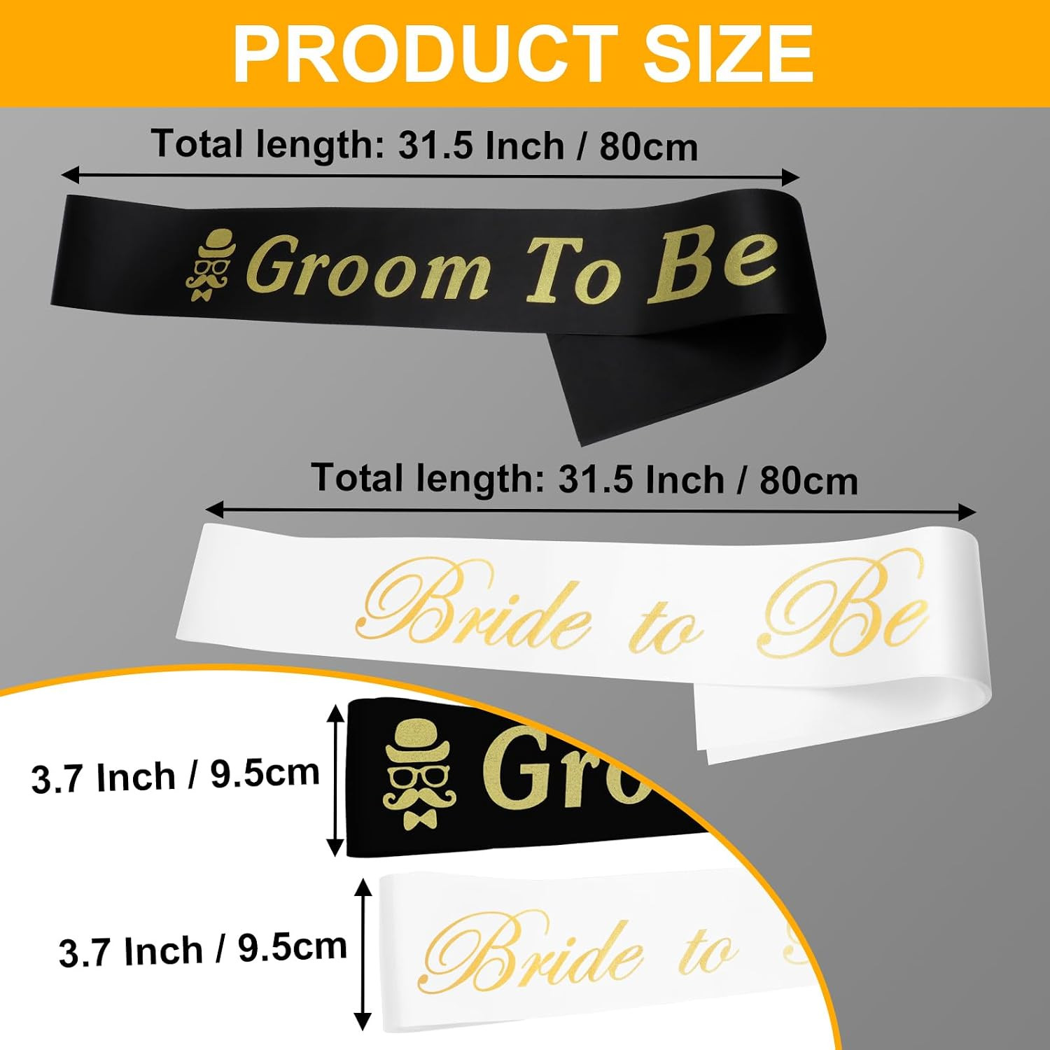 2 Pack Bride to Be and Groom to Be Sash with Gold Foil Lettering, Satin