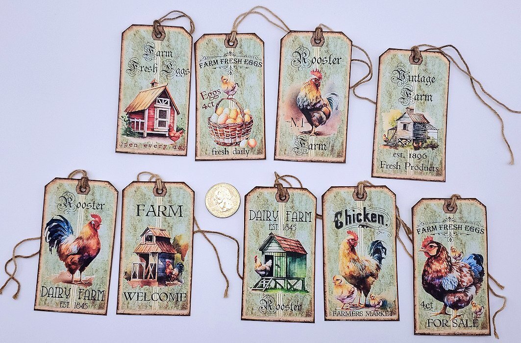 9~Ephemera~Handmade~Linen Cardstock~Farmhouse~Rooster~Gift~Hang~Tags