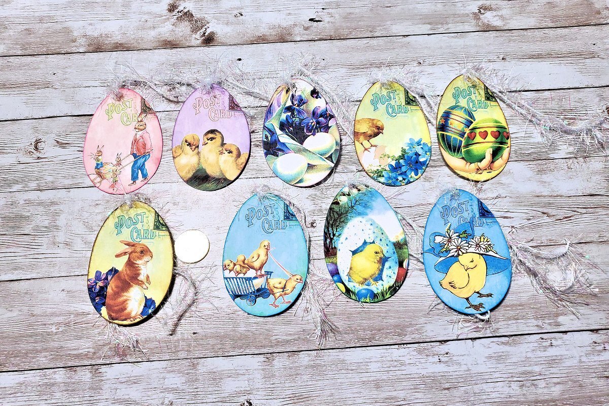 9~Easter~Vintage~Egg Shaped~Fussy Cut~Linen Cardstock~Gift~Hang~Tags~Ornies