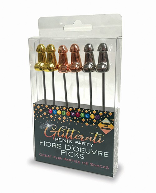 Glitterati Penis Appetizer Picks Set of 6 Stainless Steel Gold Rose Silver