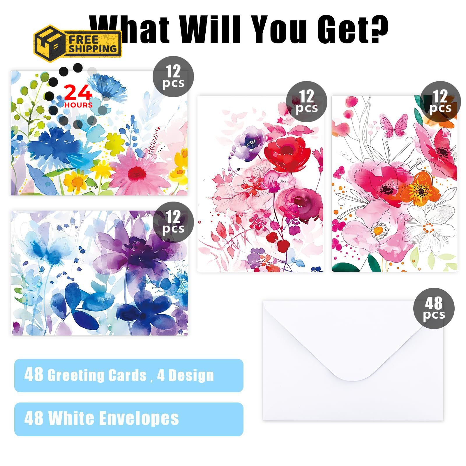 FUHITIM 48 Pack Blank Cards 3.7x 5.2 Inch, Watercolor Flower Cards(48 pcs)