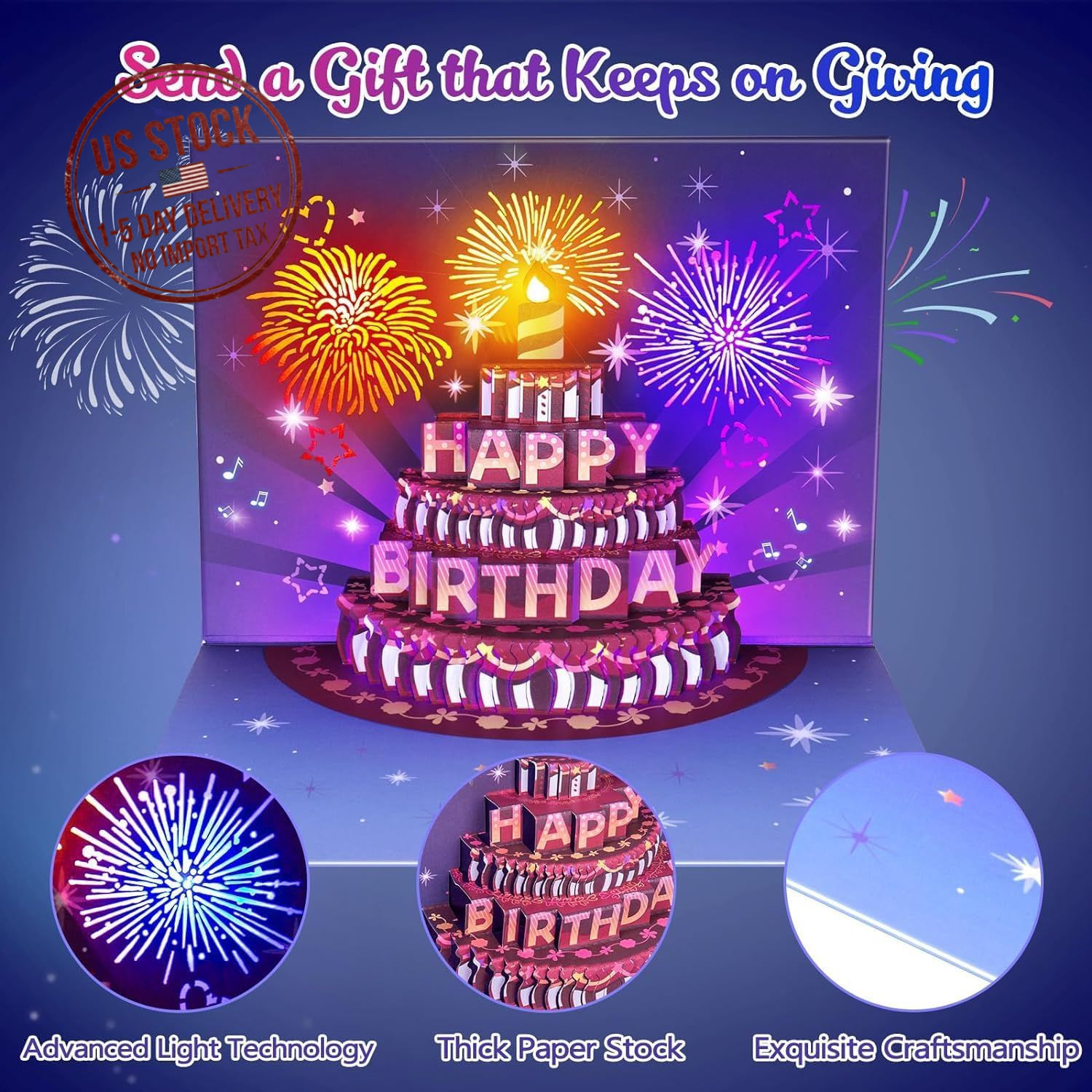 Pop Up Birthday Card with Fireworks Light Music Cake Gift Decoration