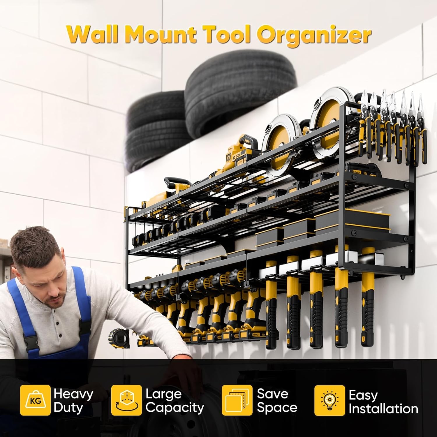 Large Power Tool Organizer Wall Mount Loads 600 lbs, Heavy Duty 4-Tier 12 Drills