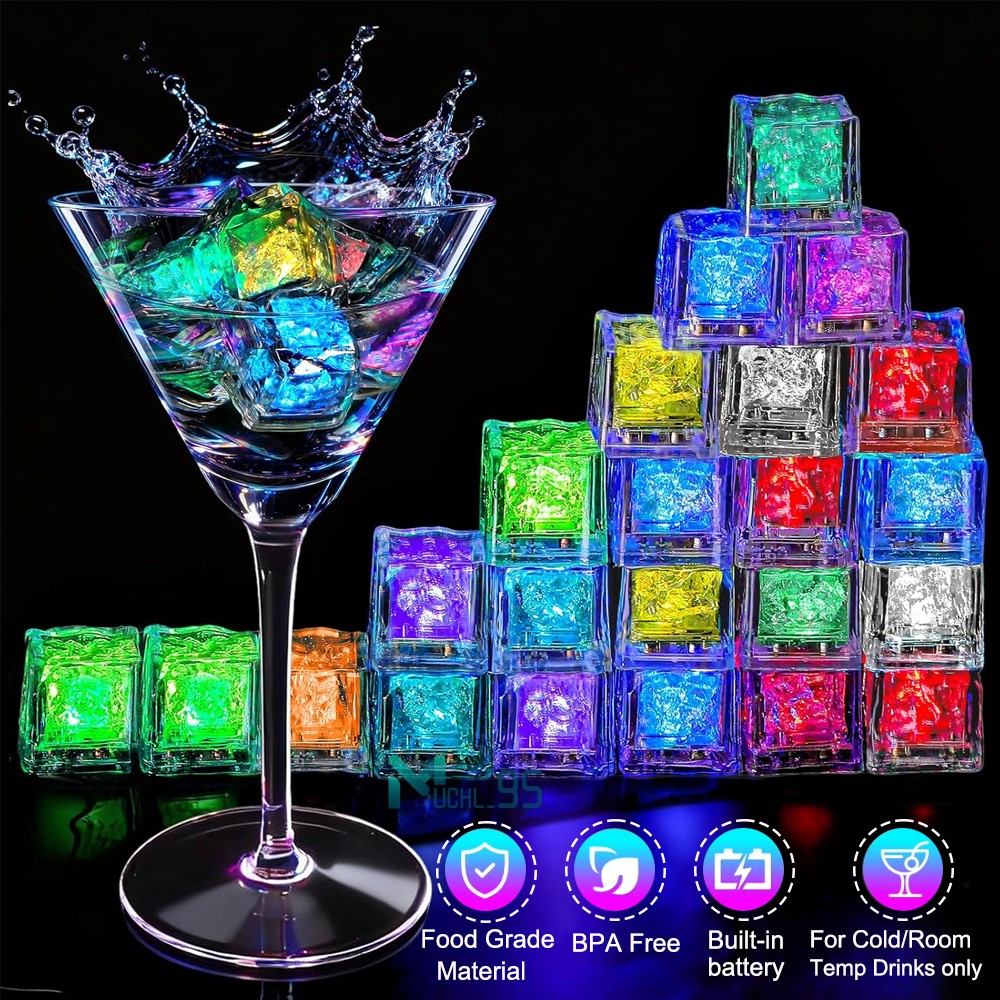 12-96PCS Multi Color Flashing Glow in The Dark LED Light Up Ice Cube for Drinks