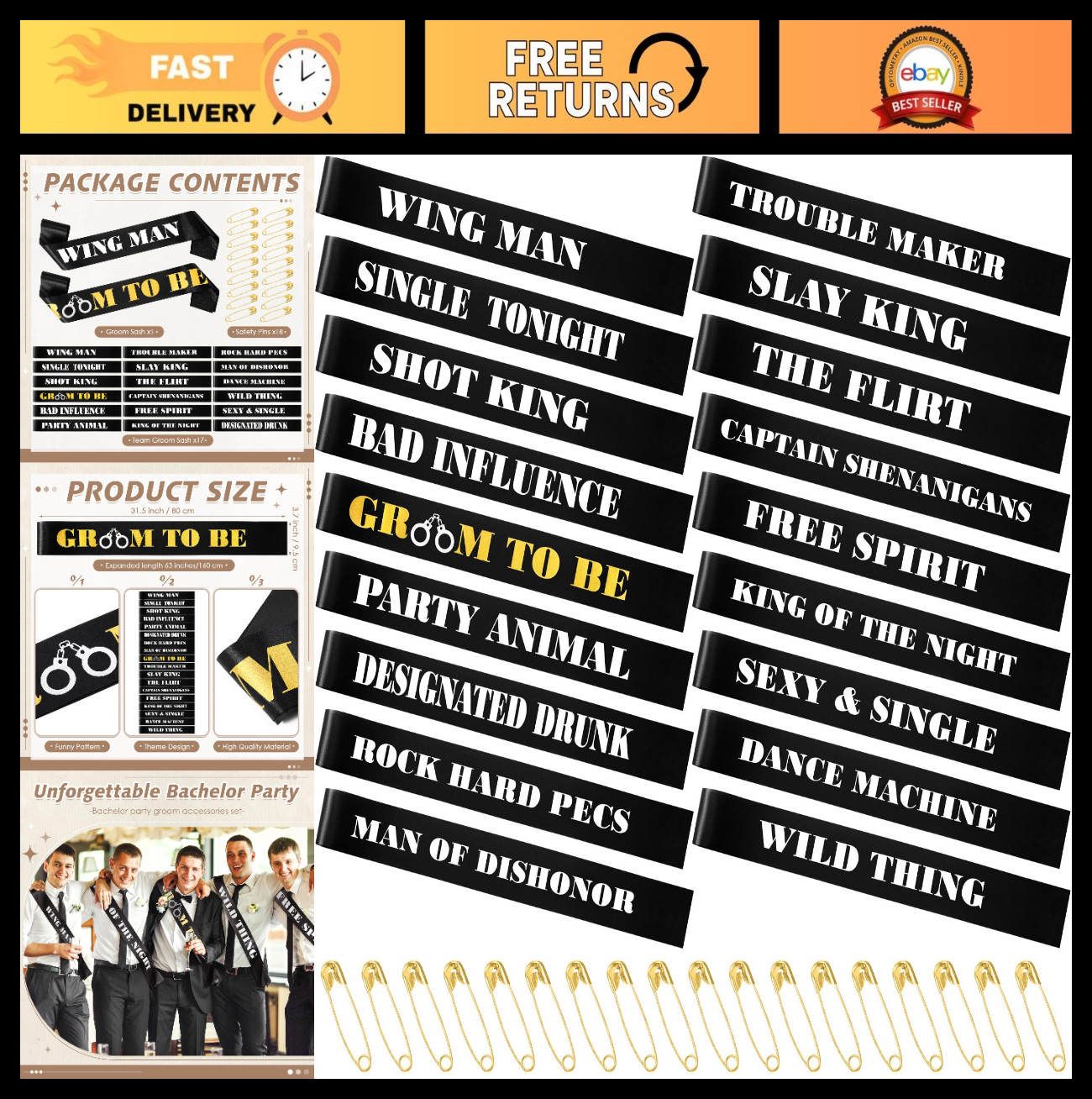 18 Pack Bachelor Party Sashes Set | Funny Stag Night Decorations & Groomsmen Gif