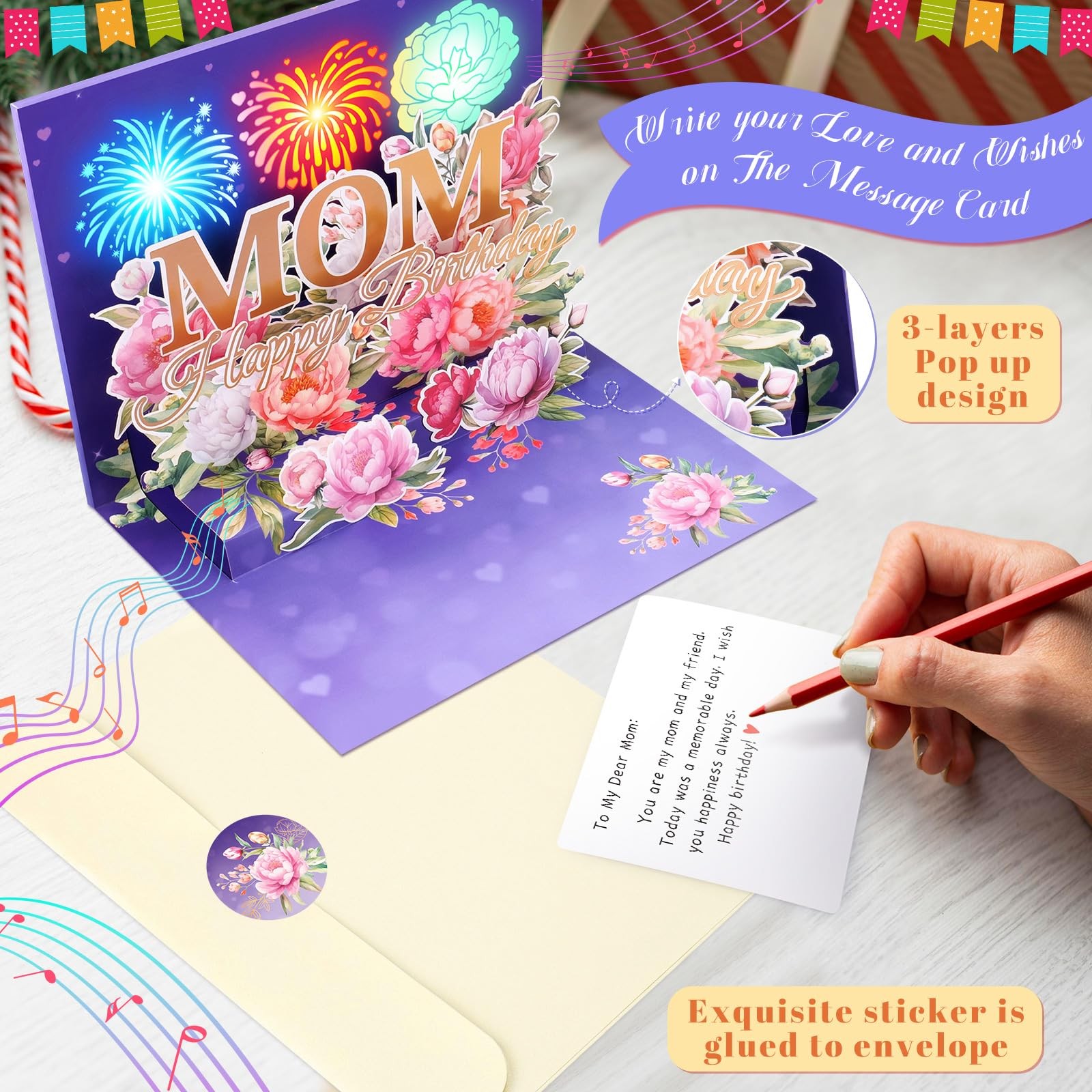 Pop Up Mom Birthday Card with Lights & Music, 3D Happy 5×7 inches, purple