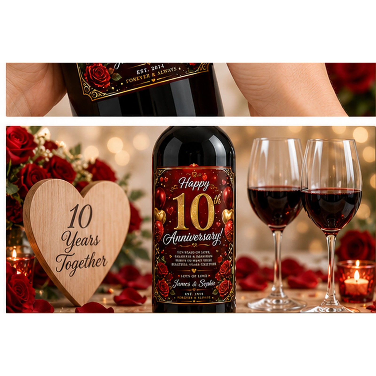 Personalised 10th Anniversary Bottle Label Sticker Wine Gift Red Rose