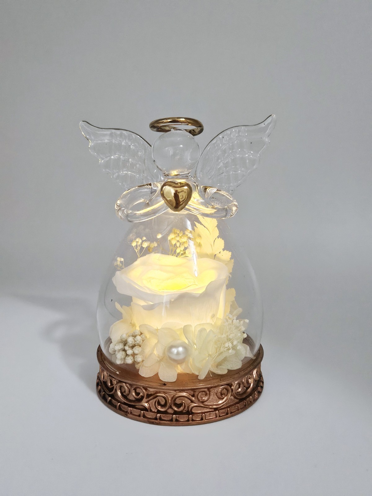 Angel Glass Dome Preserved Rose LED Light Gift Romantic Decor w/ Box