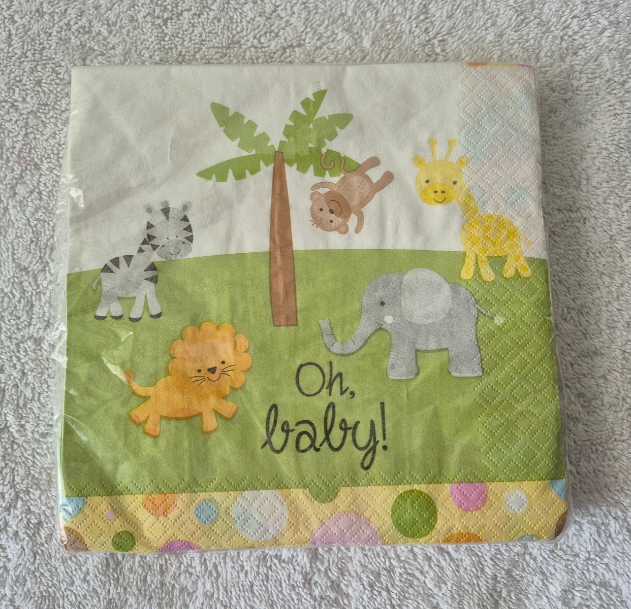 New & Sealed Baby Napkins Oh Baby! Jungle Animals 20 count 6.5 x 6.5